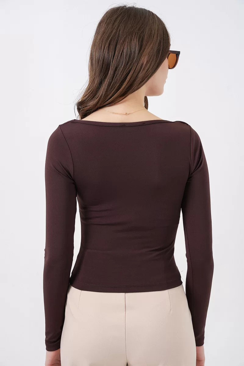Kadın Kare Yaka Slim Fit Kahverengi Bluz