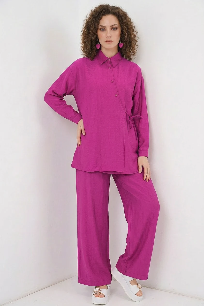 Kadın Gömlek Yaka Bağcıklı Viskon Fuşya İkili Takım