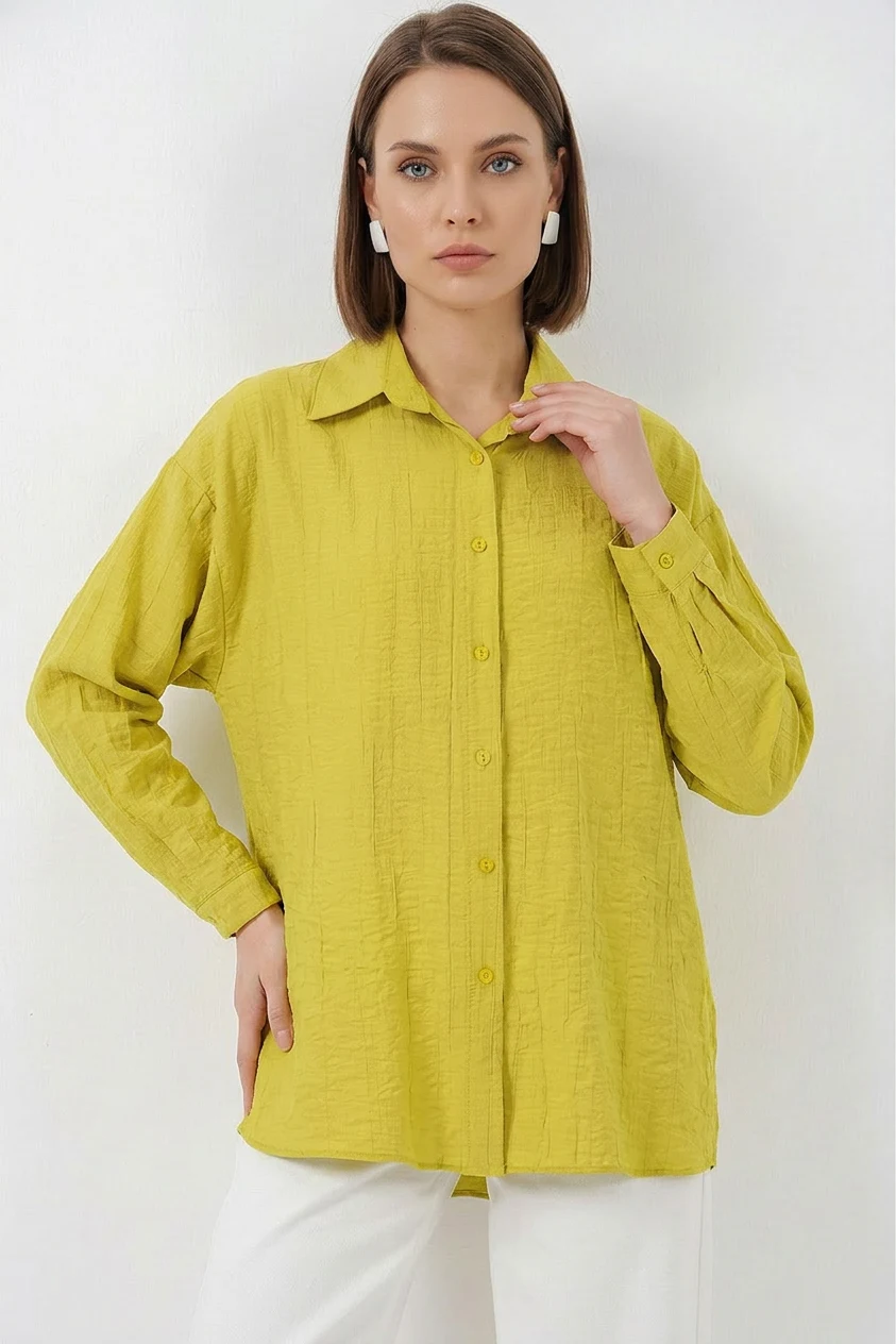 Kadın Oversize Pamuklu Hardal Gömlek