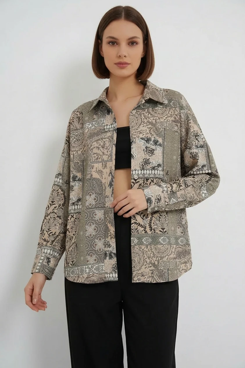 Kadın Oversize Desenli Saten Çağla Yeşili Gömlek