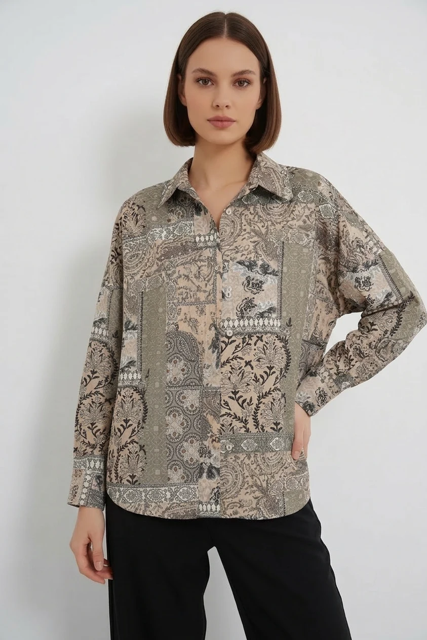 Kadın Oversize Desenli Saten Çağla Yeşili Gömlek