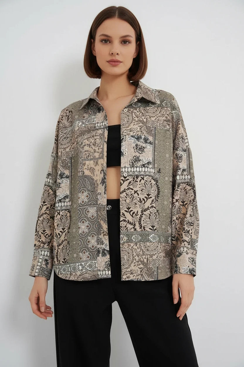 Kadın Oversize Desenli Saten Çağla Yeşili Gömlek