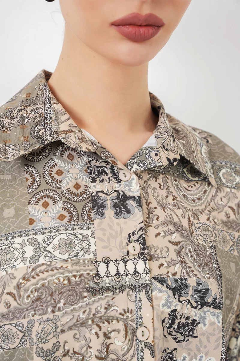 Kadın Oversize Desenli Saten Çağla Yeşili Gömlek