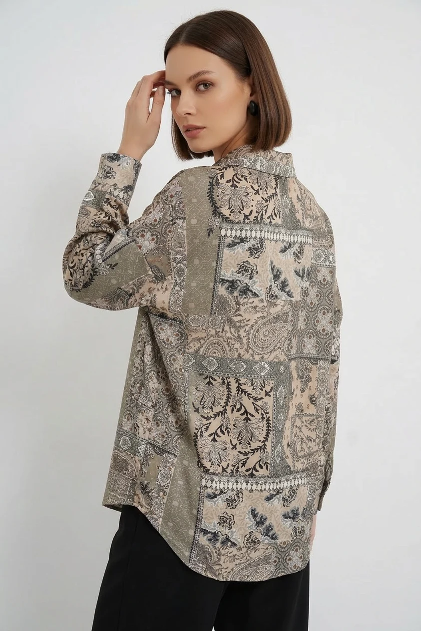 Kadın Oversize Desenli Saten Çağla Yeşili Gömlek
