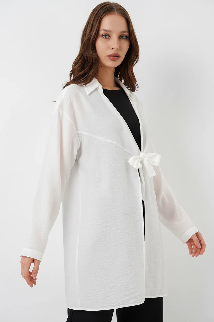 Kadın Gömlek Yaka Bağcıklı Viskon Beyaz Kimono