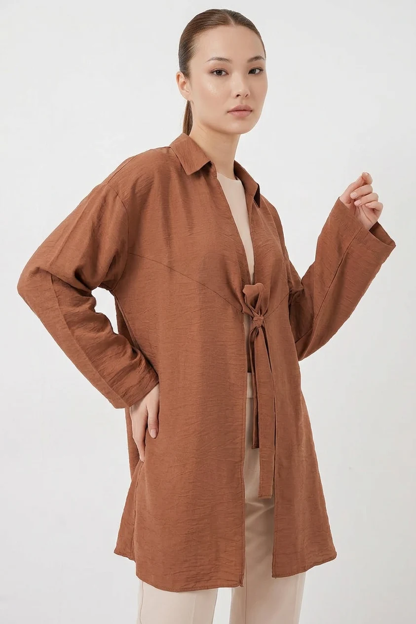 Kadın Gömlek Yaka Kuşaklı Bağcıklı Viskon Taba Kimono