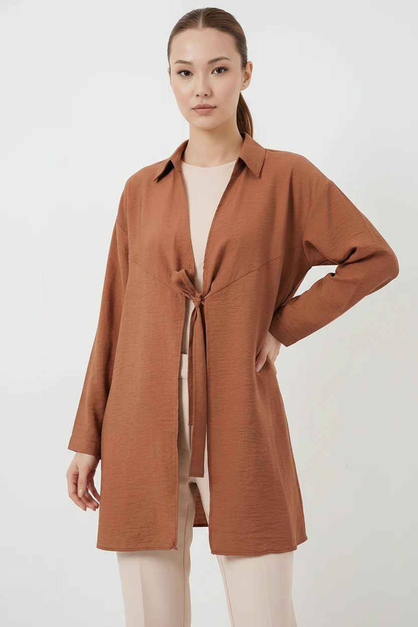 Kadın Gömlek Yaka Kuşaklı Bağcıklı Viskon Taba Kimono