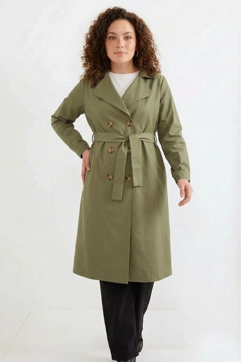 Kadın Kruvaze Yaka Kemerli Çift Düğmeli Haki Trençkot