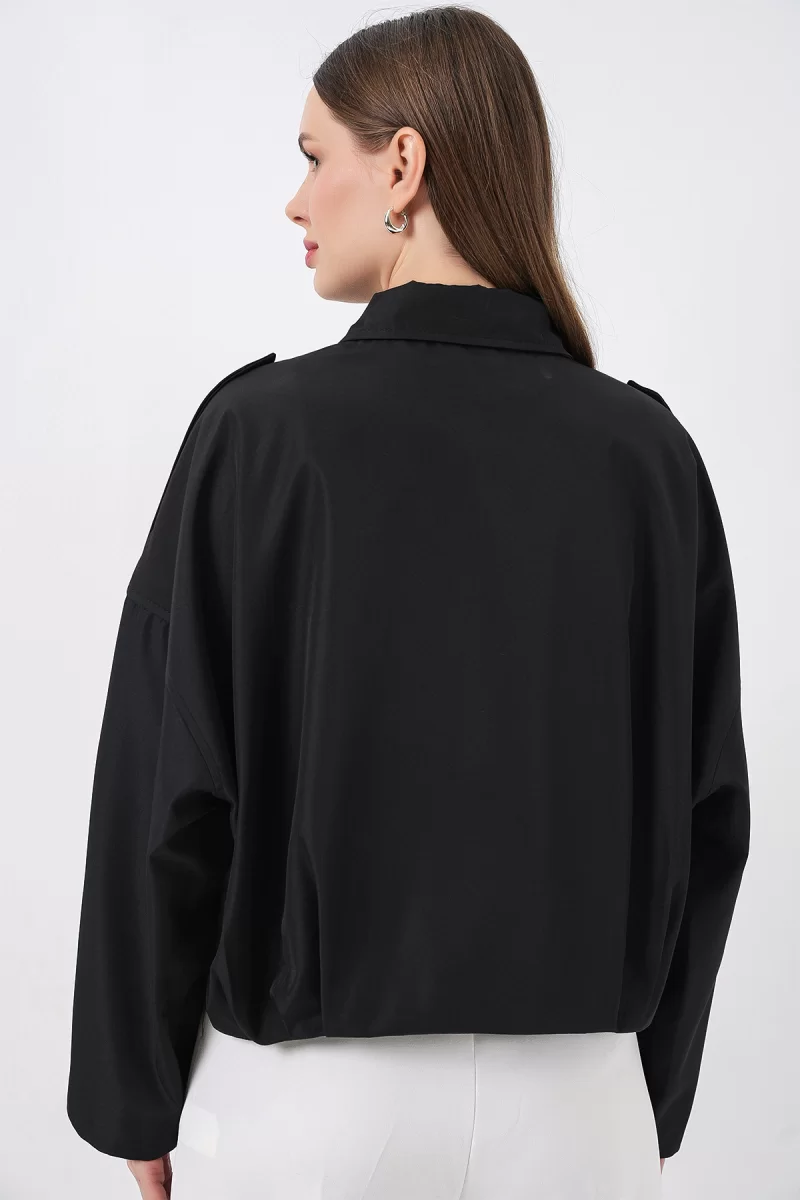 Kadın Gömlek Yaka Oversize Omuz apoletli Siyah Ceket