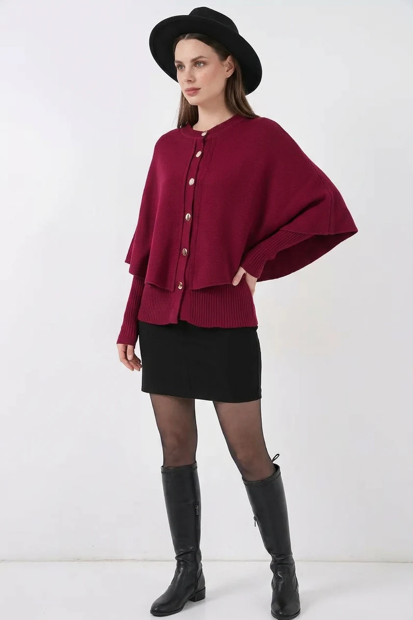 Kadın Yuvarlak Yaka Düğmeli Triko Bordo Hırka