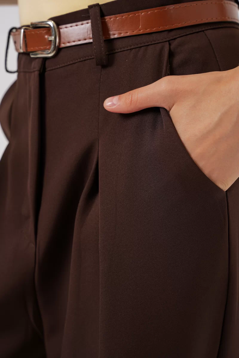 Kadın Yüksek Bel Kemerli Palazzo Bol Paça Kahverengi Pantolon