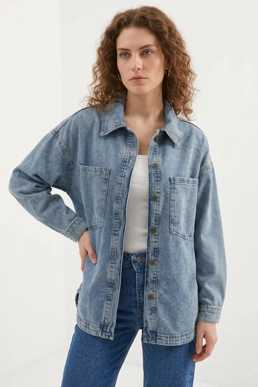 Kadın Gömlek Yaka Çift Cepli Oversize Pamuklu Buz Mavisi Ceket