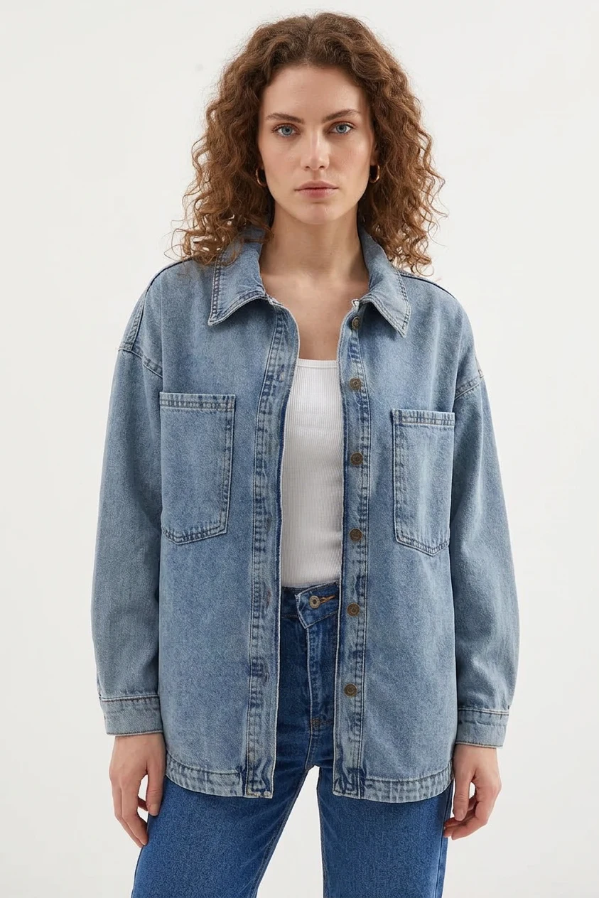 Kadın Gömlek Yaka Çift Cepli Oversize Pamuklu Buz Mavisi Ceket