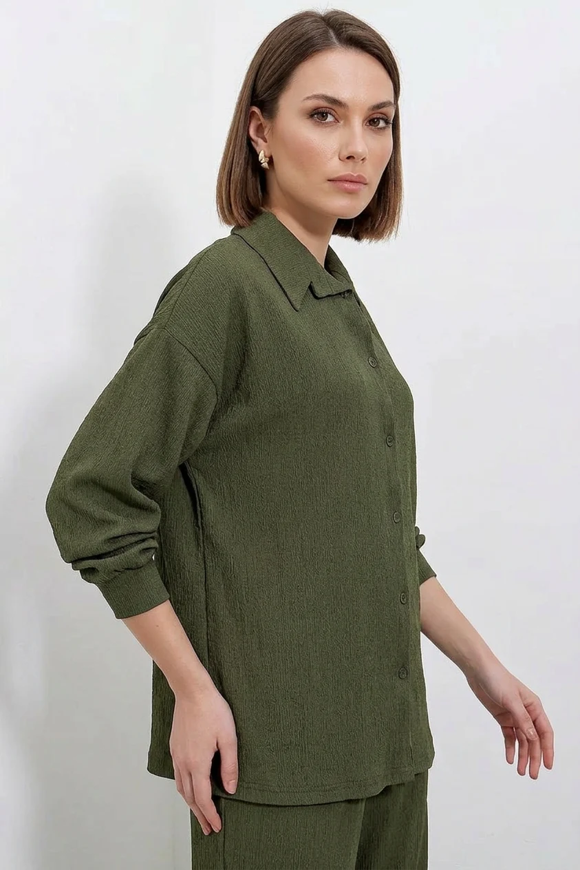Kadın Gömlek Yaka Oversize Haki İkili Takım