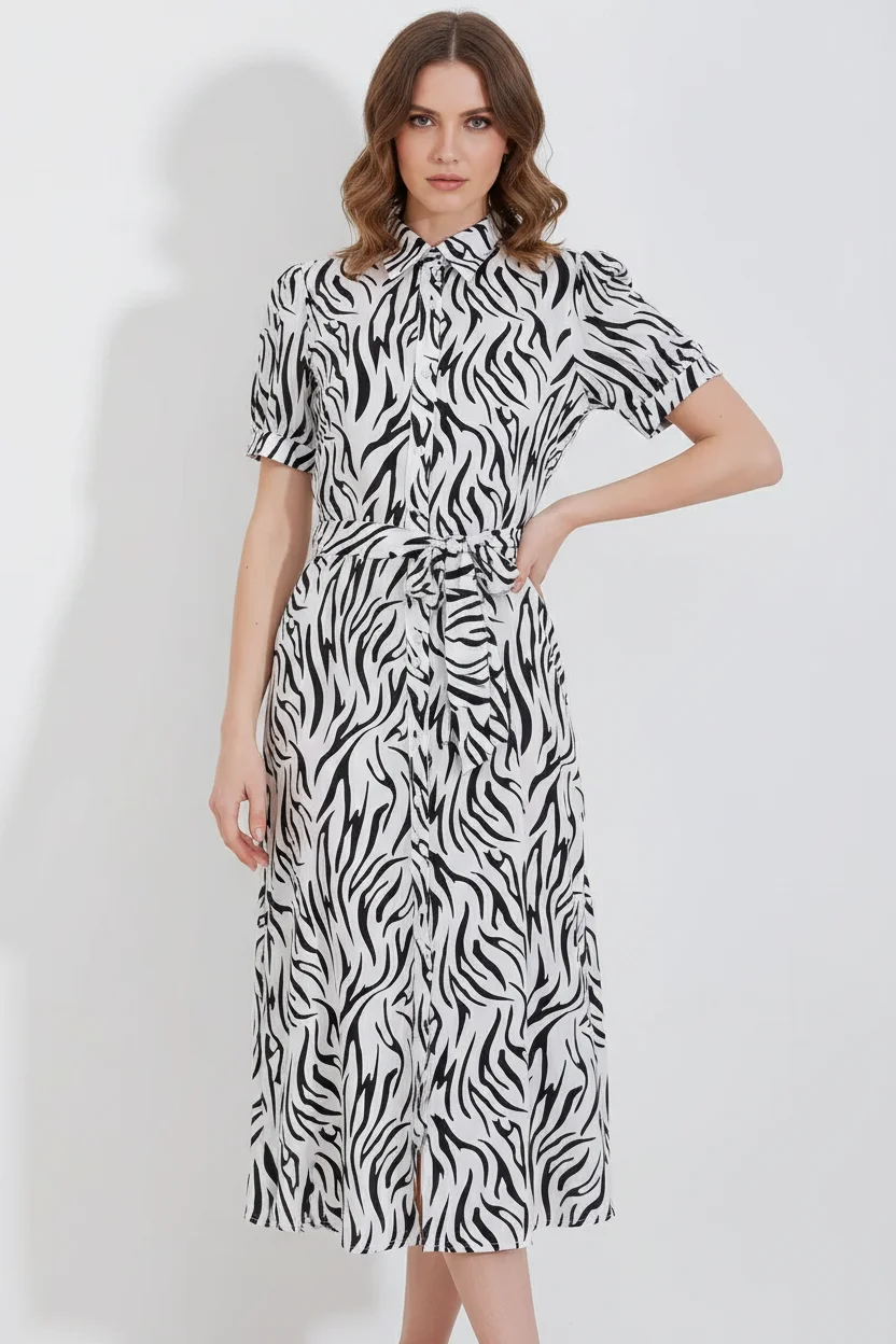 Kadın Gömlek Yaka Kuşaklı Kısa Kol Zebra Desenli Viskon Siyah Elbise