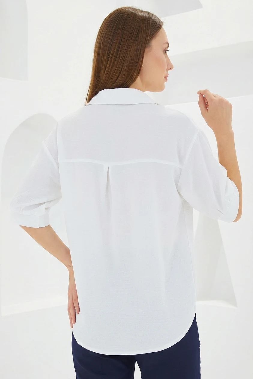 Kadın Oversize Kesim Kısa Kol Keten Beyaz Gömlek