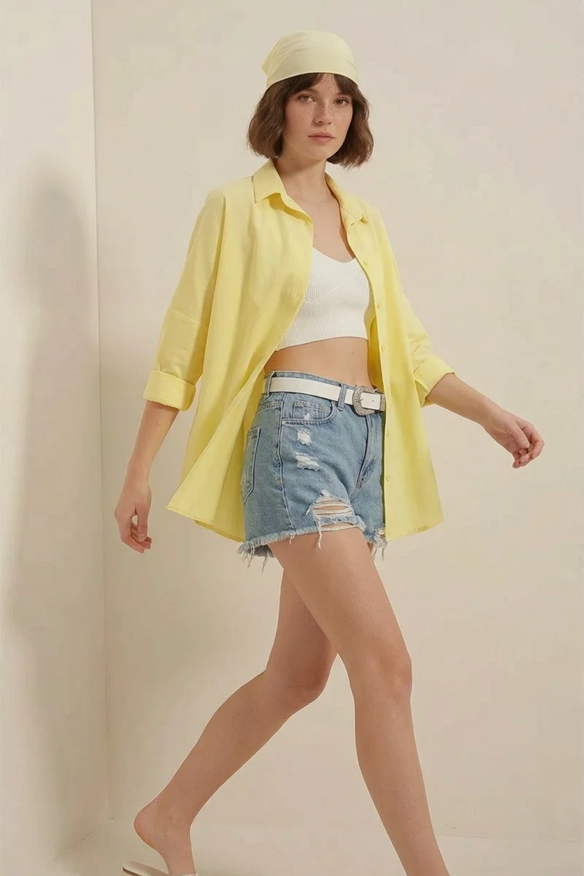 Kadın Oversize Basic Pamuklu Sarı Gömlek
