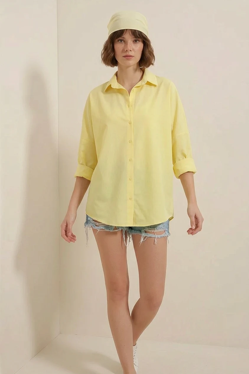 Kadın Oversize Basic Pamuklu Sarı Gömlek