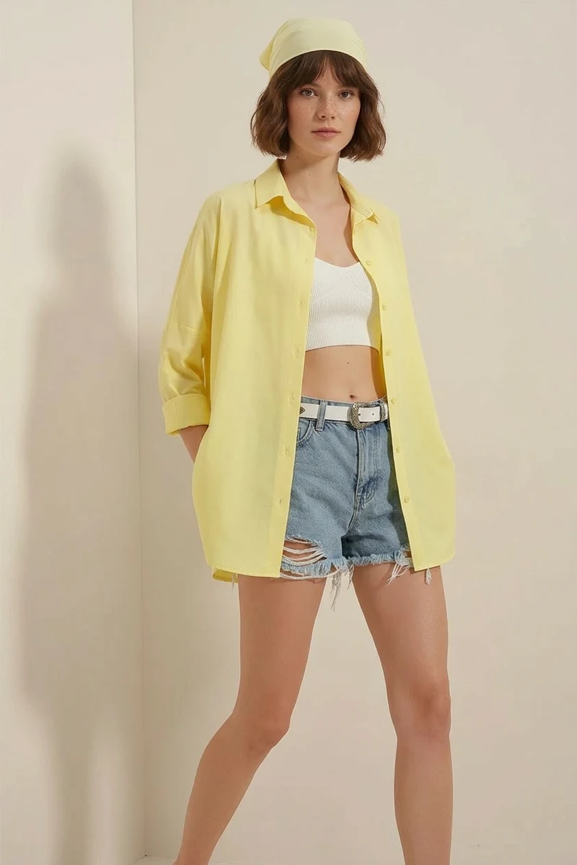 Kadın Oversize Basic Pamuklu Sarı Gömlek