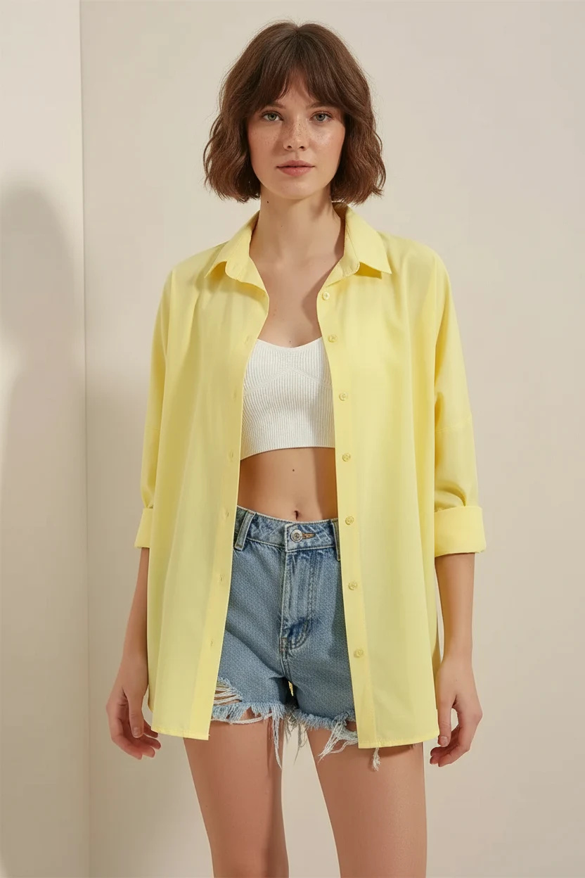 Kadın Oversize Basic Pamuklu Sarı Gömlek