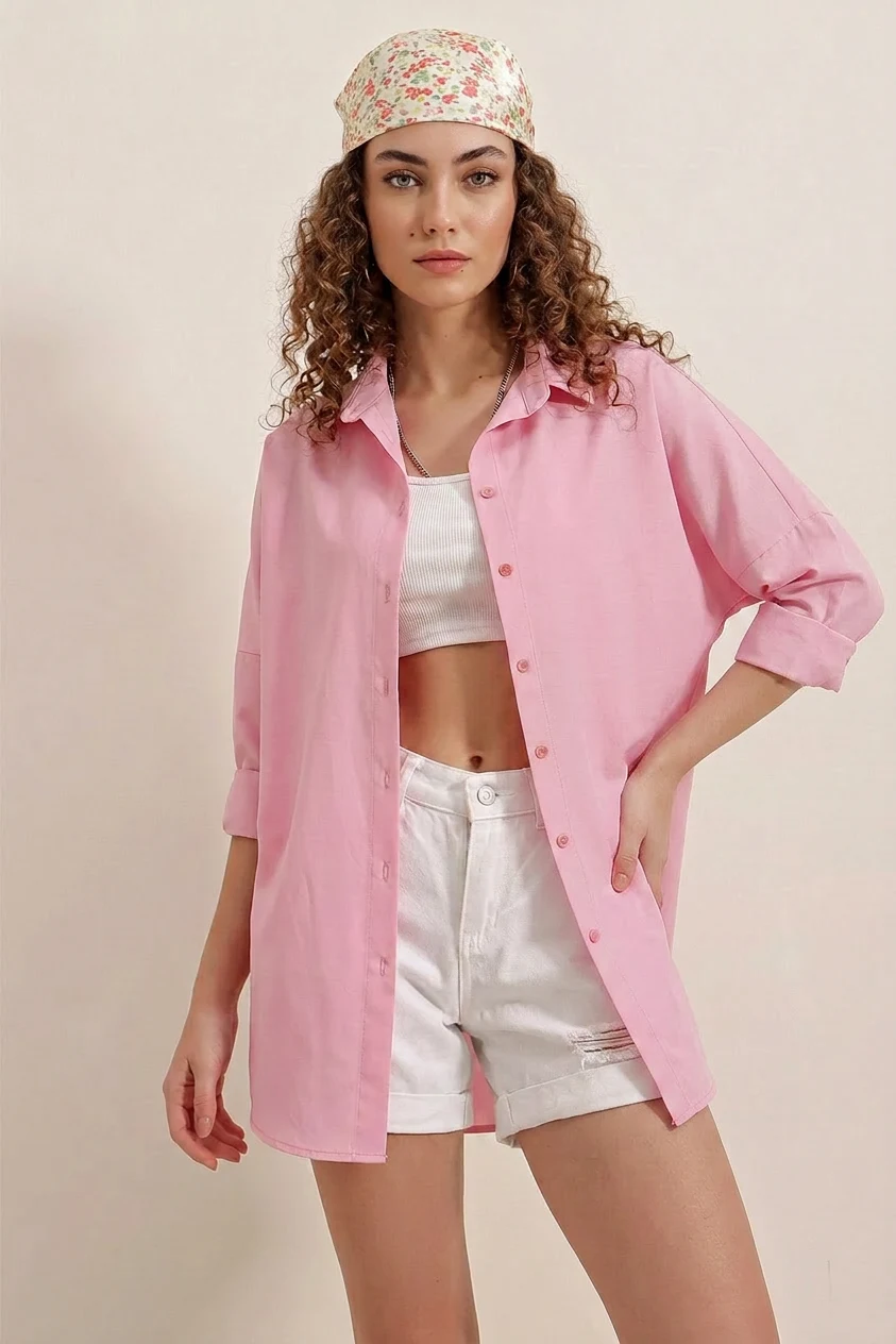 Kadın Oversize Basic Pamuklu Pembe Gömlek