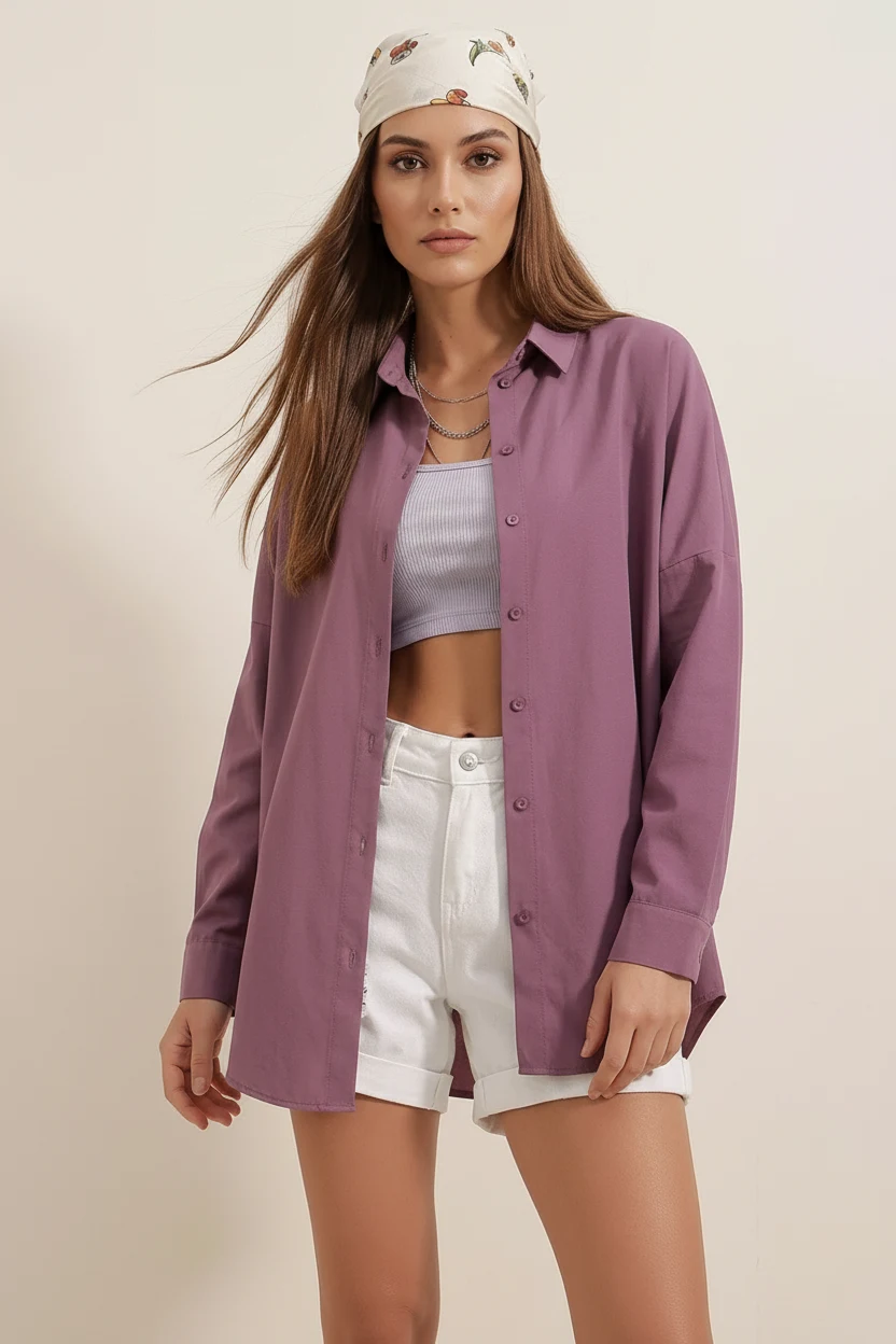 Kadın Oversize Basic Pamuklu Koyu Lila Gömlek