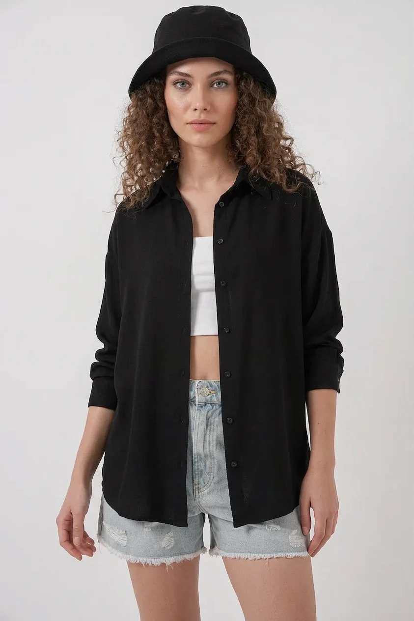 Kadın Oversize Viskon Siyah Gömlek