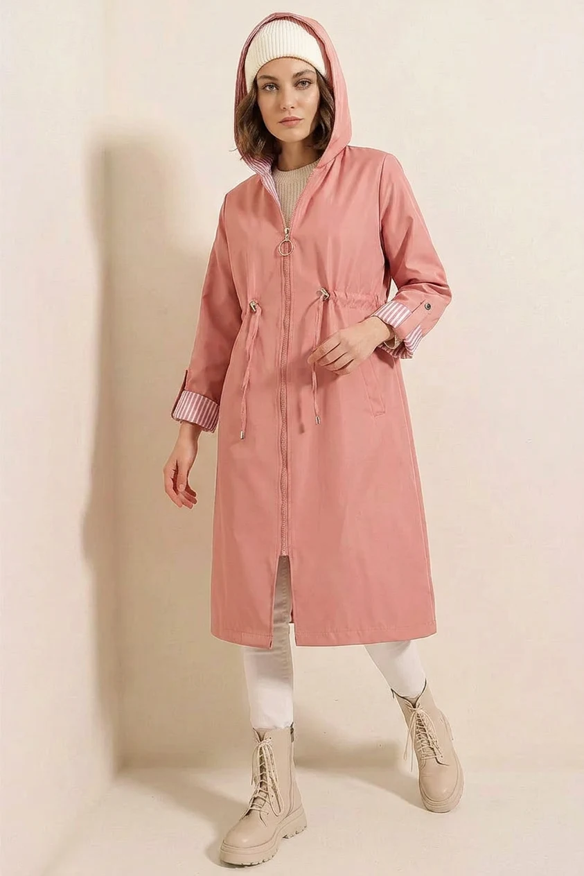 Kadın Beli Büzgülü Kapşonlu Çizgili Pembe Trençkot