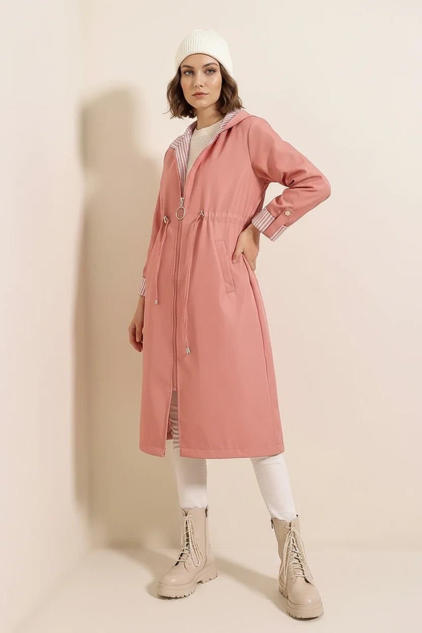 Kadın Beli Büzgülü Kapşonlu Çizgili Pembe Trençkot