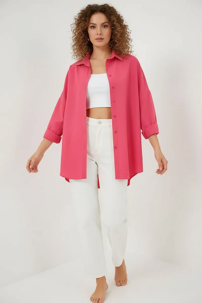 Kadın Oversize Kesim Basic Pamuklu Nar Gömlek