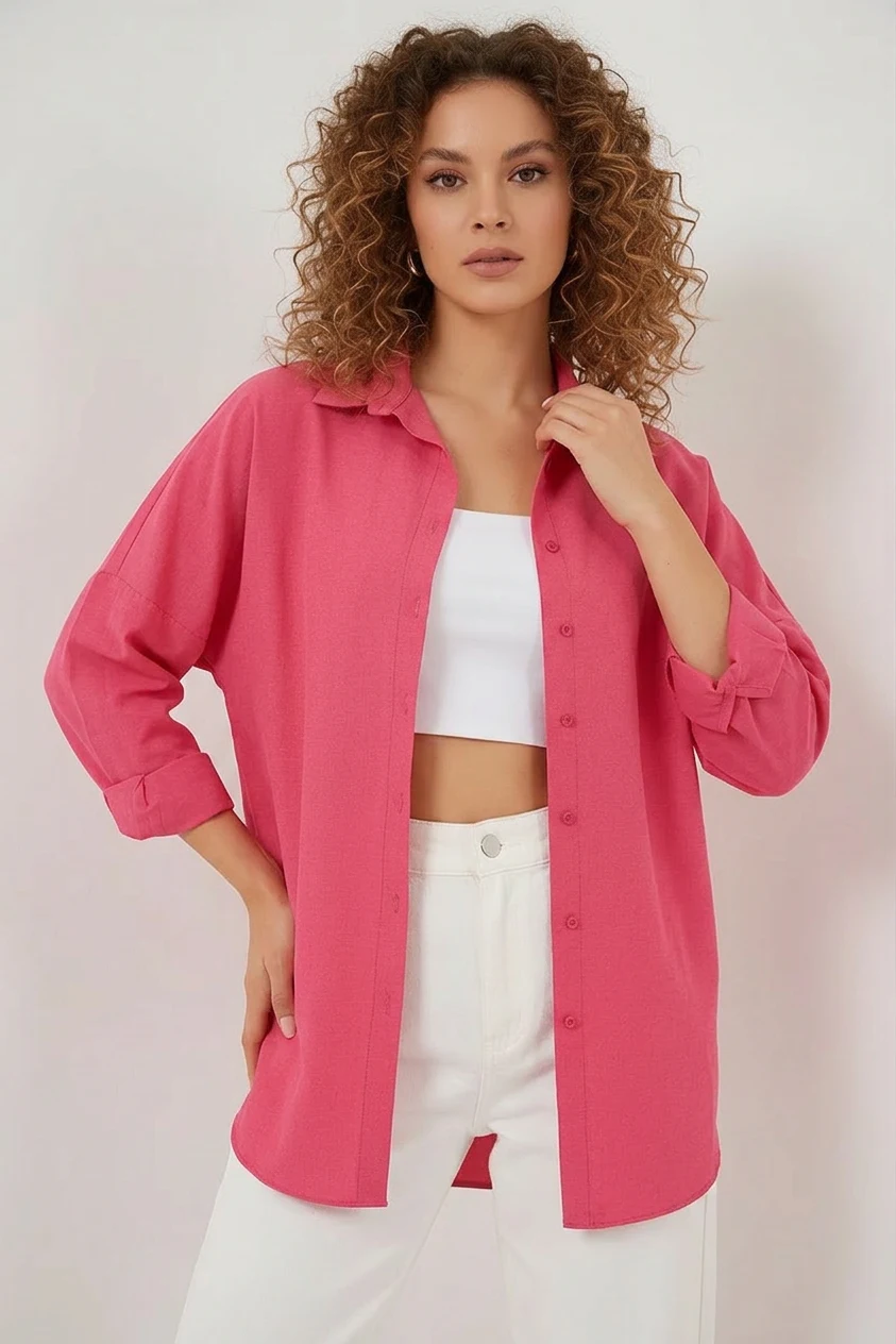 Kadın Oversize Kesim Basic Pamuklu Nar Gömlek