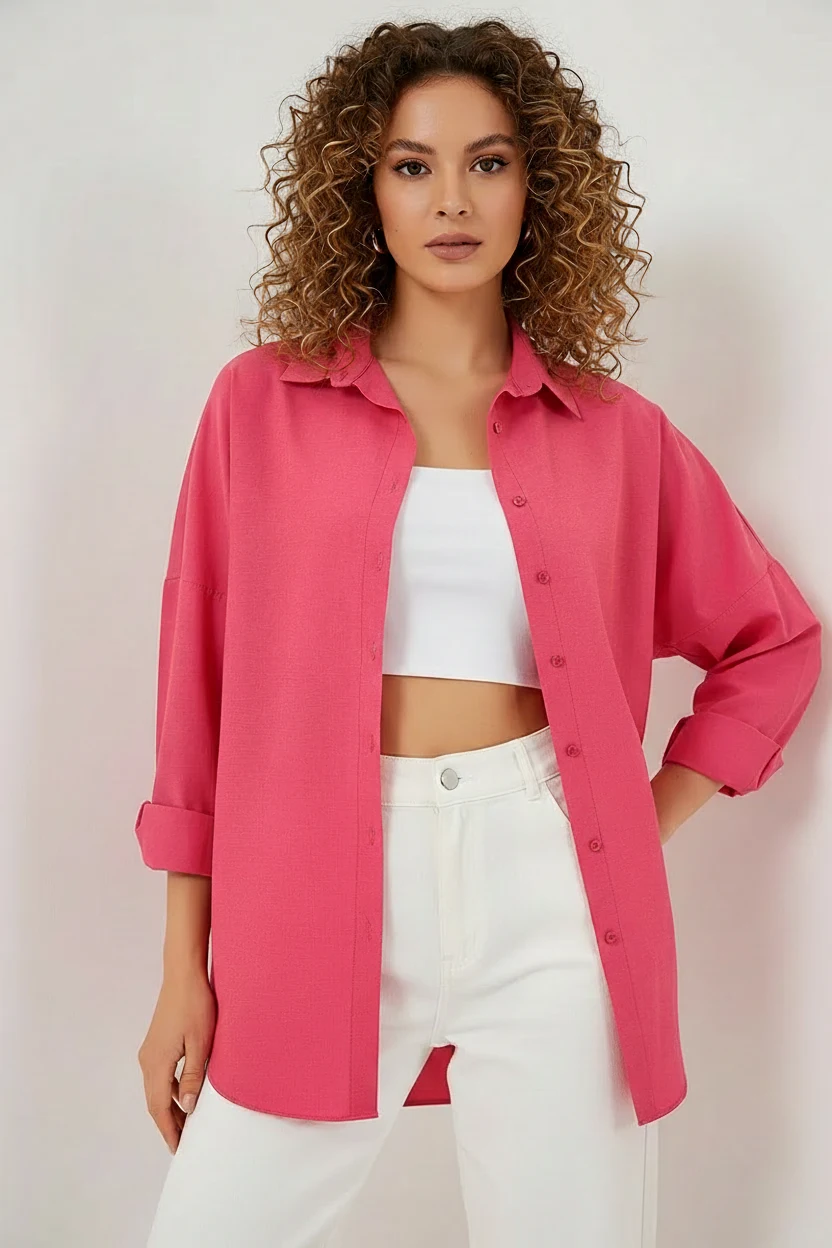 Kadın Oversize Kesim Basic Pamuklu Nar Gömlek