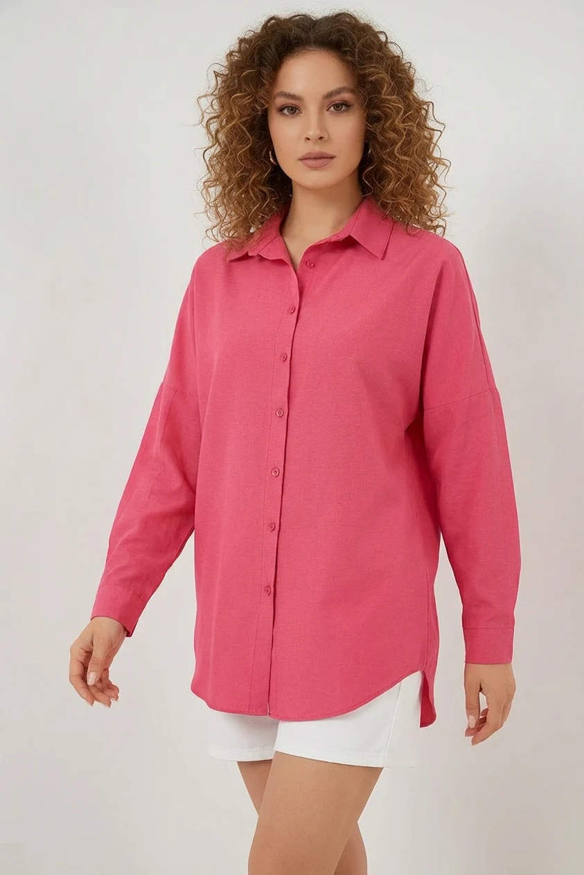 Kadın Oversize Kesim Basic Pamuklu Nar Gömlek