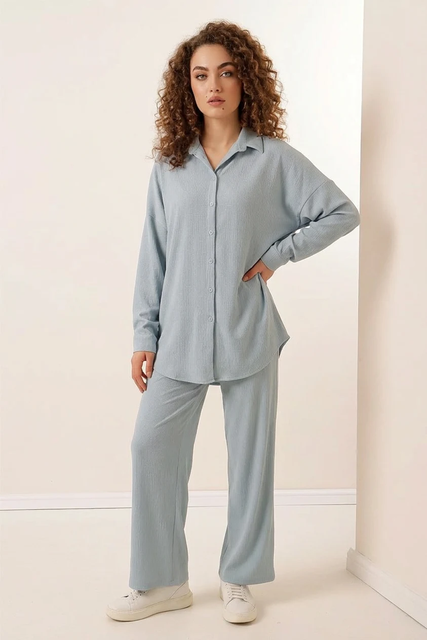 Kadın Gömlek Yaka Oversize Açık Mavi İkili Takım