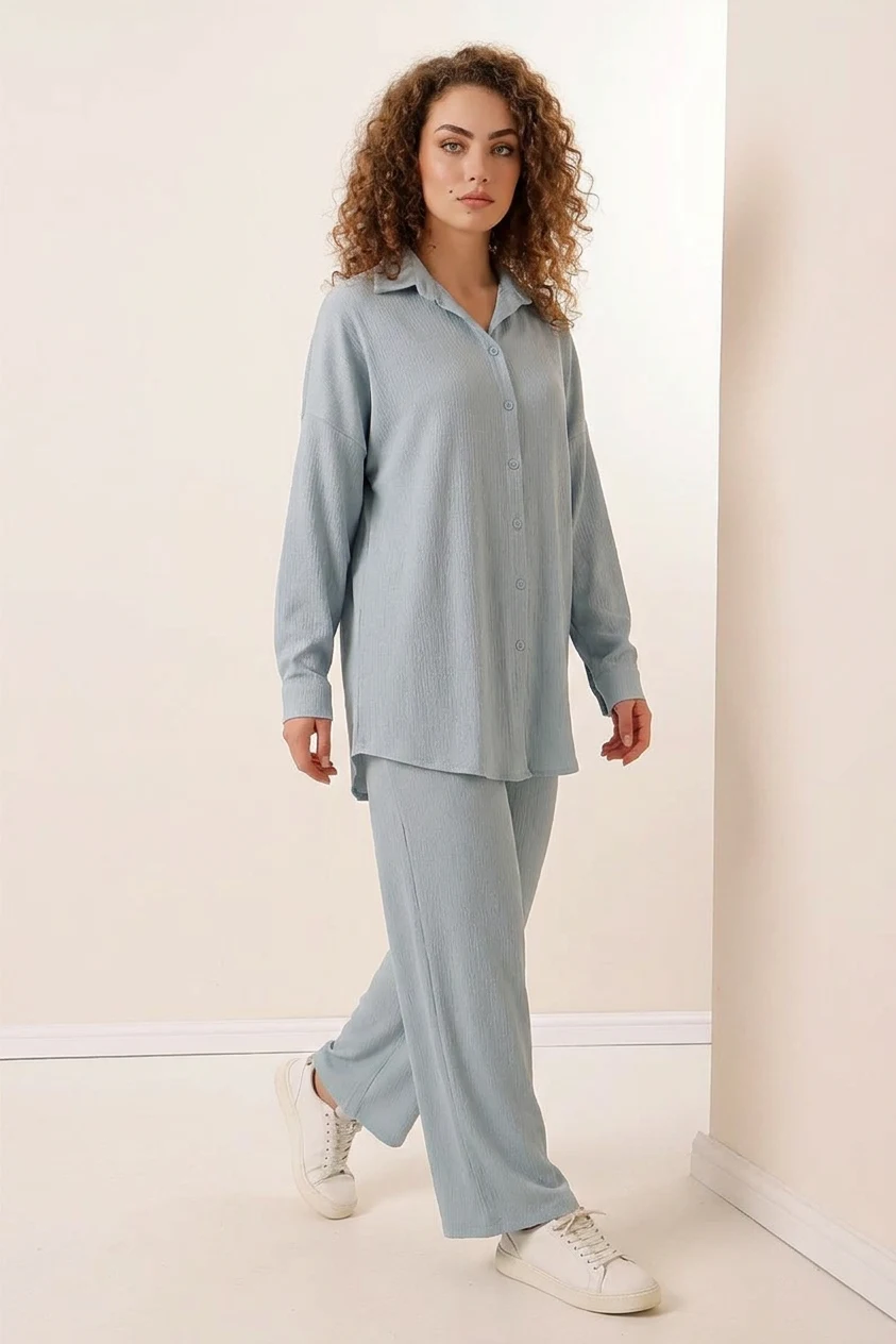 Kadın Gömlek Yaka Oversize Açık Mavi İkili Takım