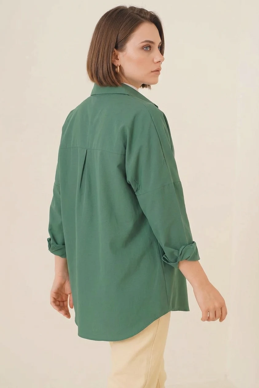 Kadın Oversize Kesim Basic Pamuklu Zümrüt Yeşili Tesettür Gömlek