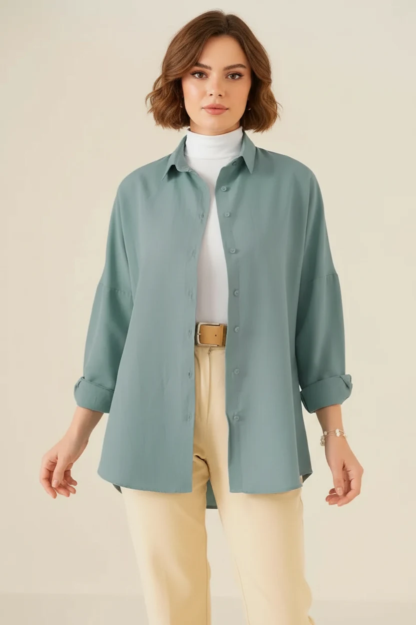 Kadın Oversize Basic Pamuklu Su Yeşili Tesettür Gömlek