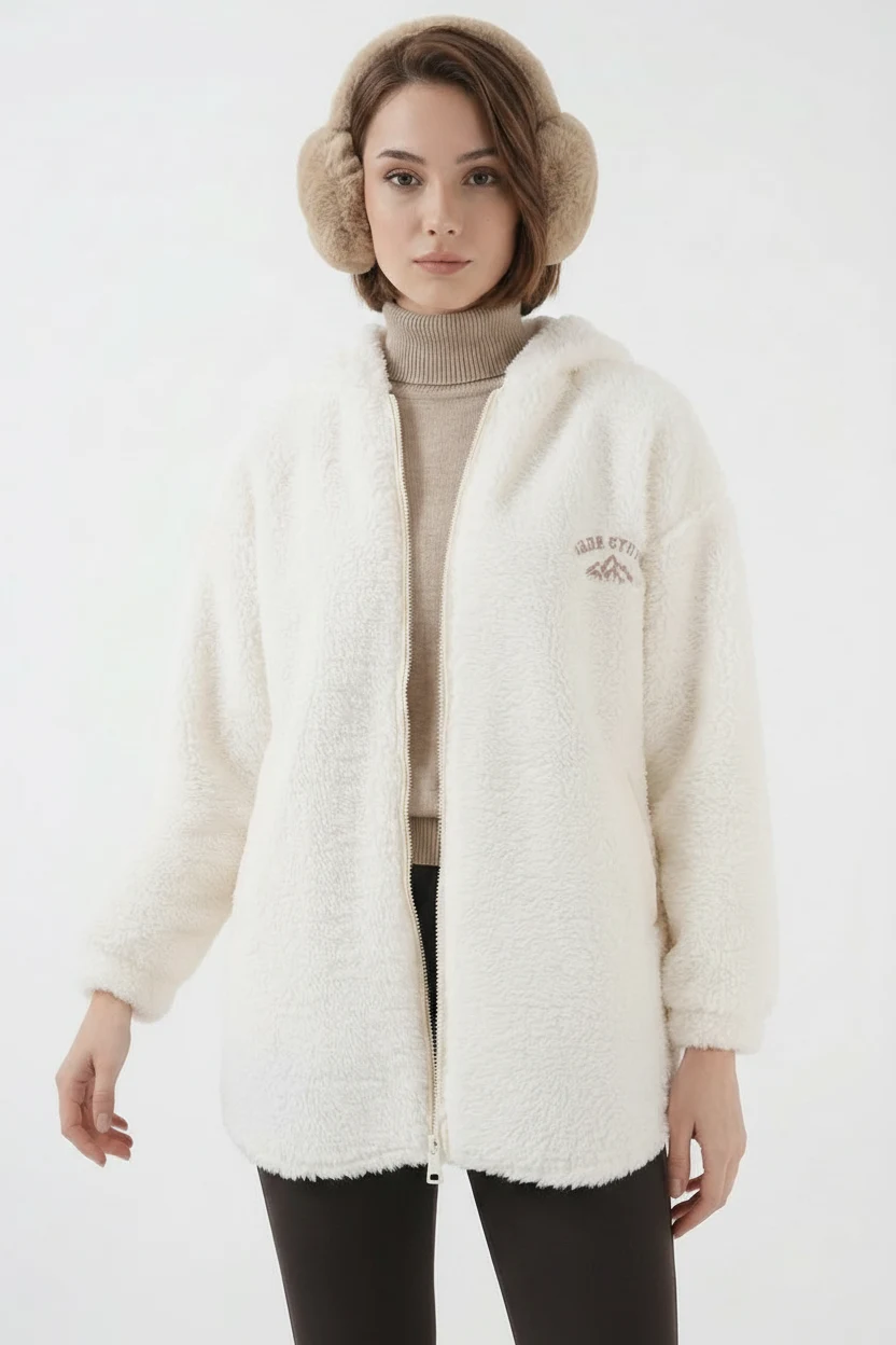 Kadın Kapüşonlu Peluş Oversize Beyaz Kaban