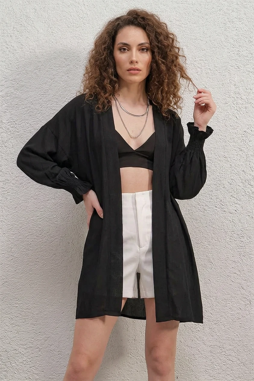 Kadın V Yaka Salaş Kesim Siyah Kimono