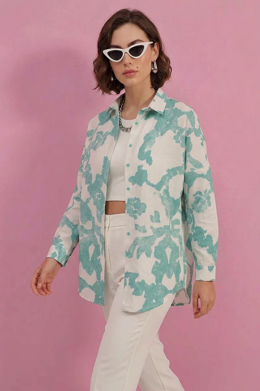 Kadın Basic Oversize Desenli Pamuklu D. Mint Gömlek