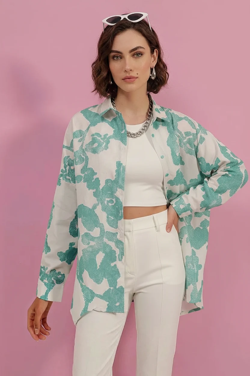 Kadın Basic Oversize Desenli Pamuklu D. Mint Gömlek