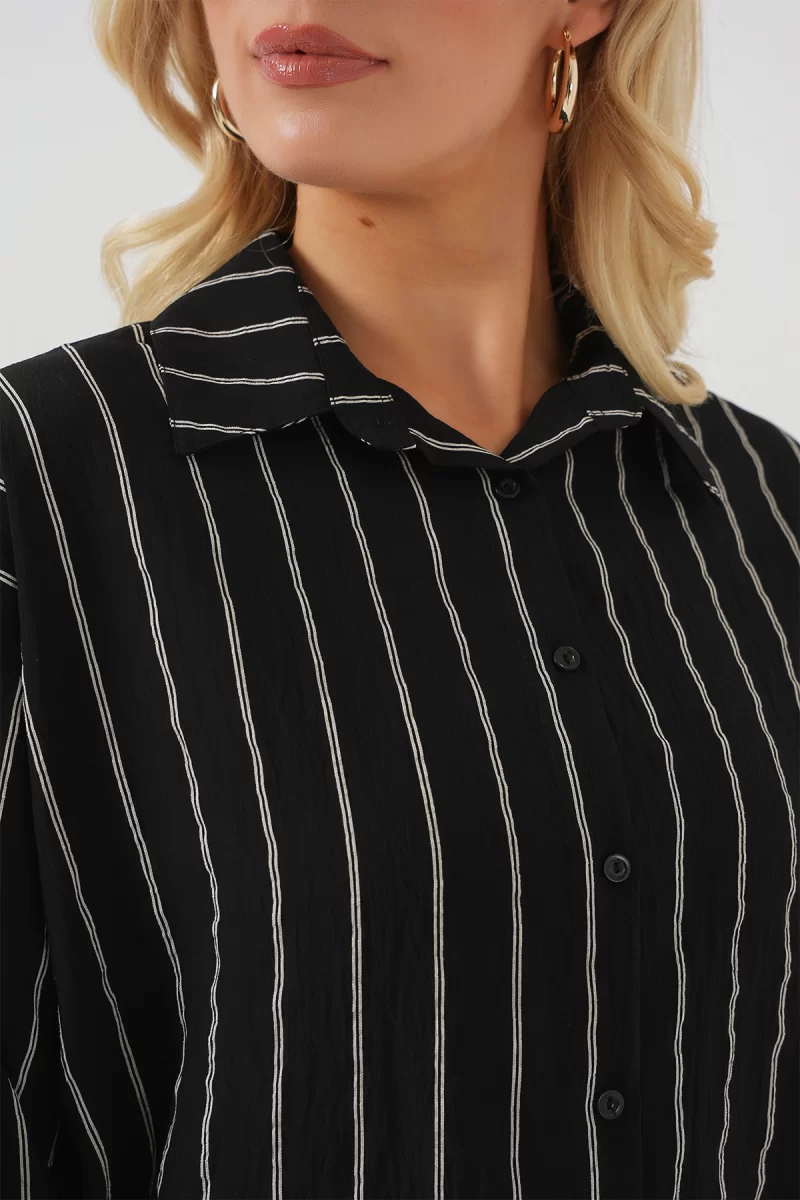 Kadın Basic Oversize Çizgili Pamuklu Siyah Gömlek