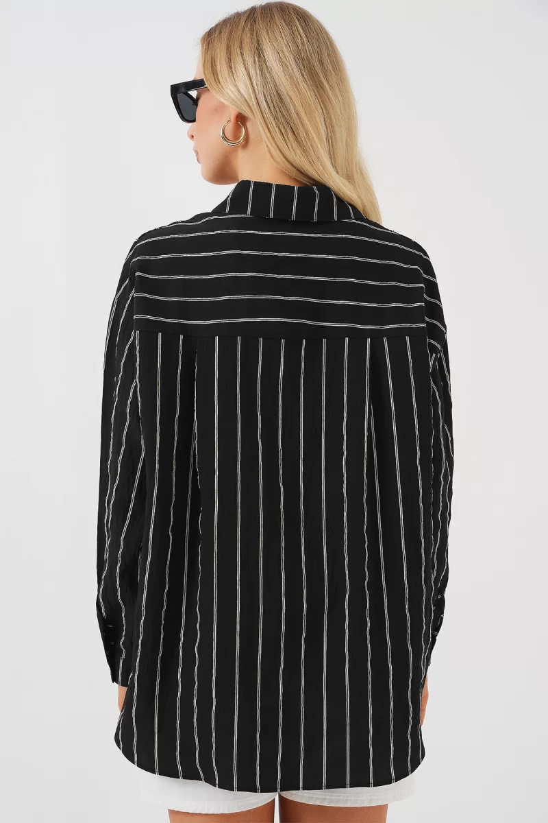 Kadın Basic Oversize Çizgili Pamuklu Siyah Gömlek