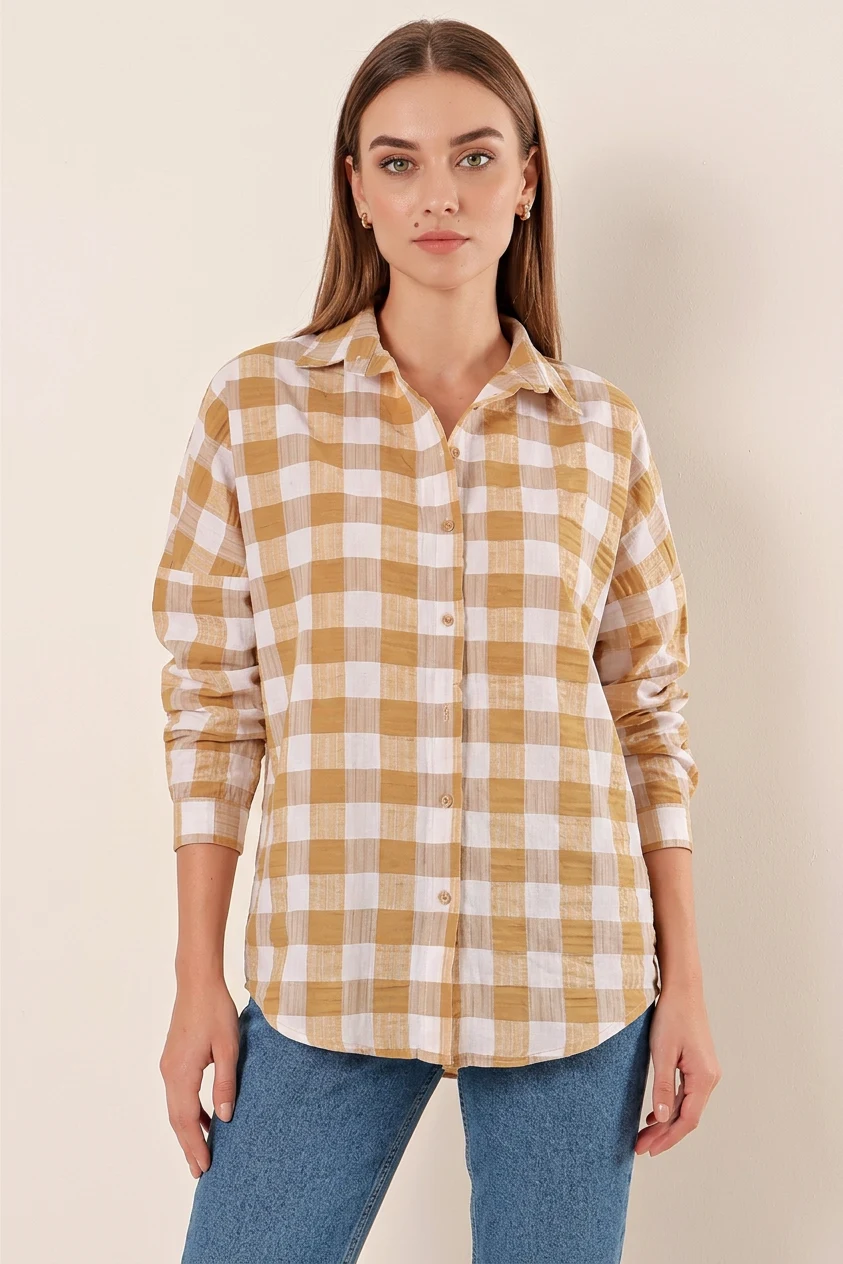 Kadın Kareli Desen Basic Oversize Pamuklu Vizon Gömlek