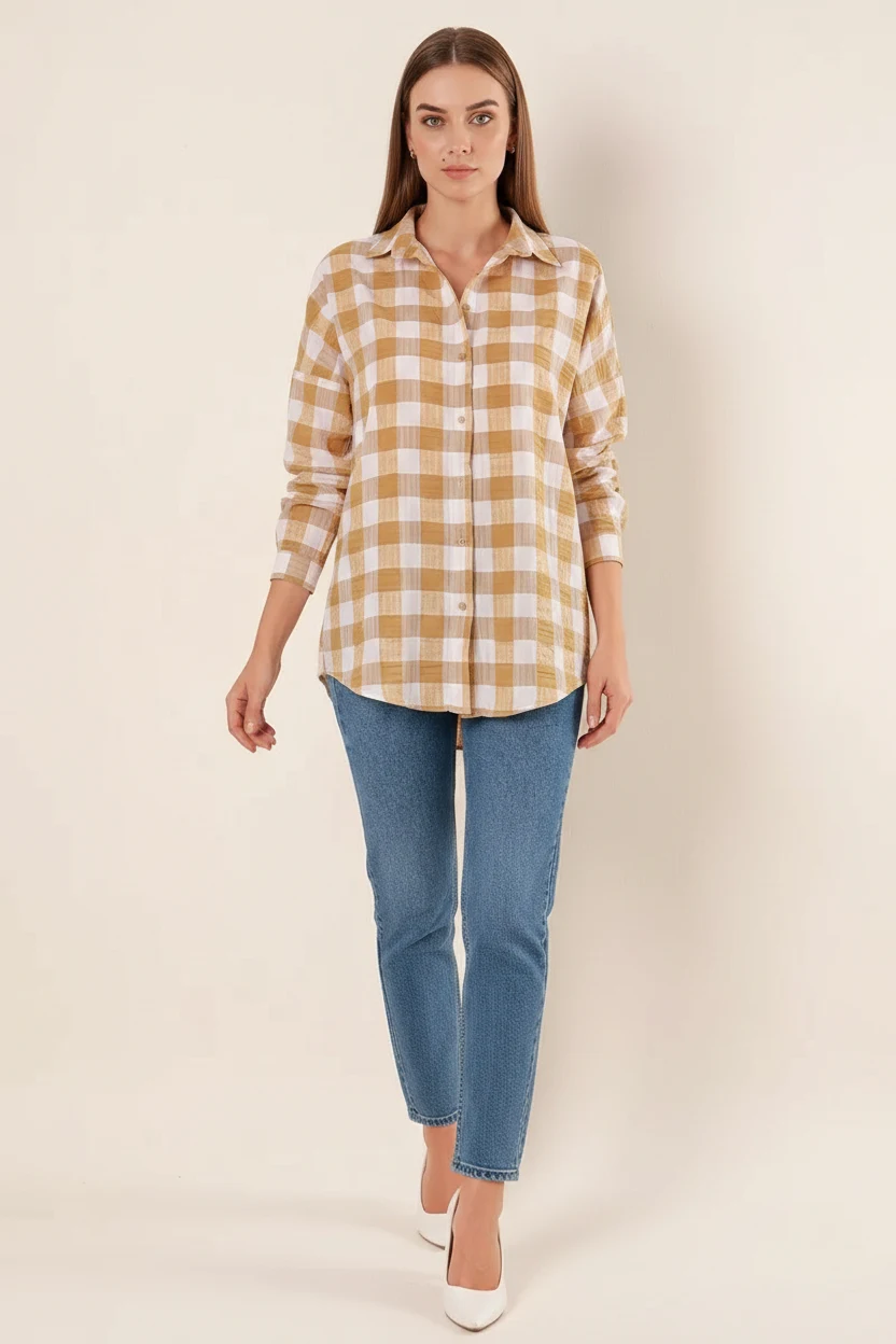 Kadın Kareli Desen Basic Oversize Pamuklu Vizon Gömlek