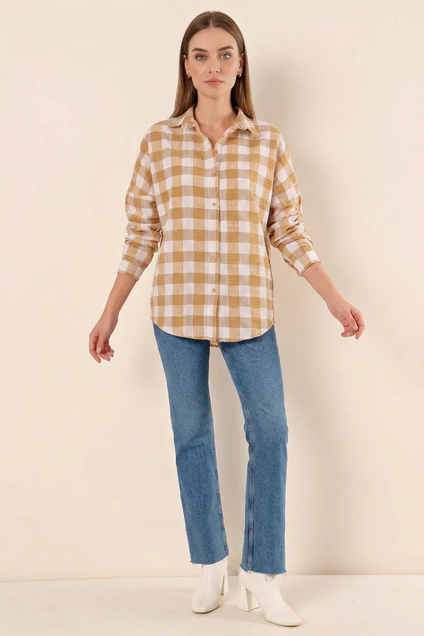 Kadın Kareli Desen Basic Oversize Pamuklu Vizon Gömlek