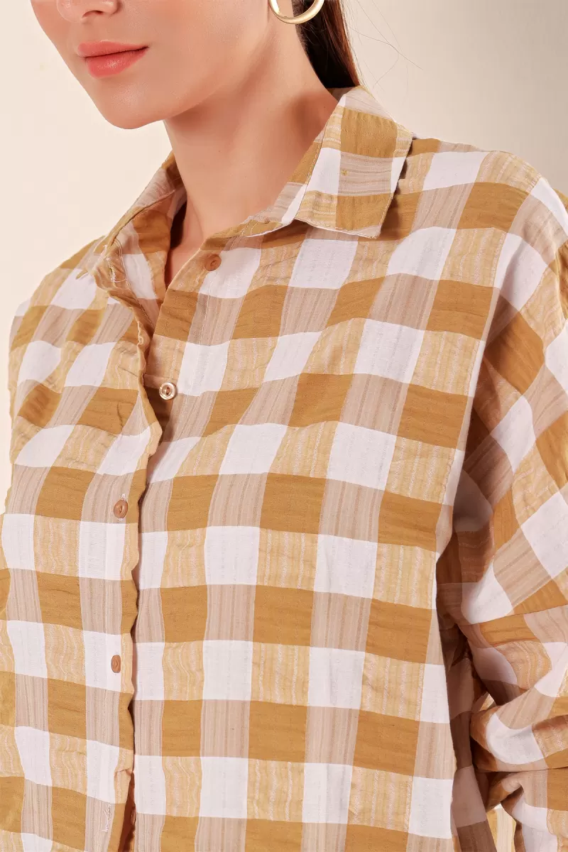 Kadın Kareli Desen Basic Oversize Pamuklu Vizon Gömlek