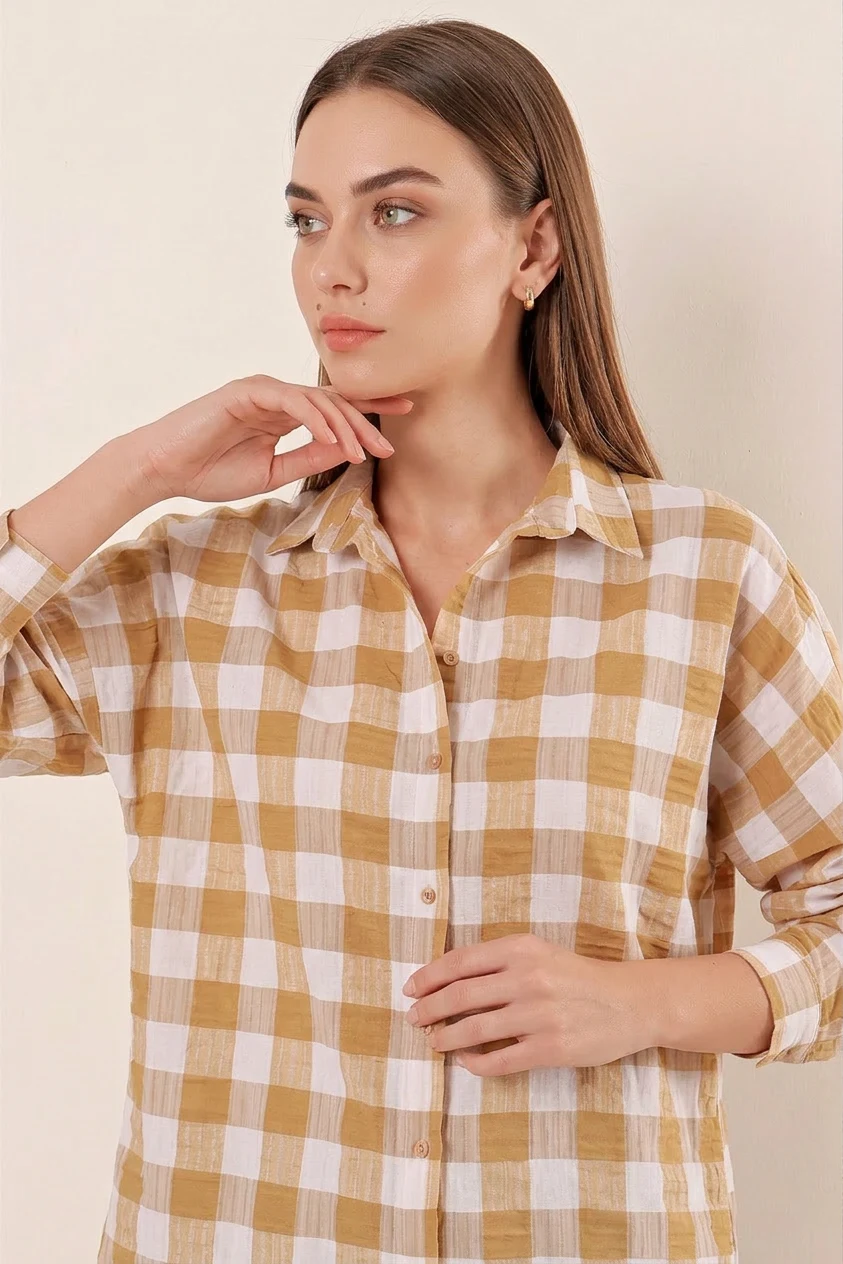Kadın Kareli Desen Basic Oversize Pamuklu Vizon Gömlek