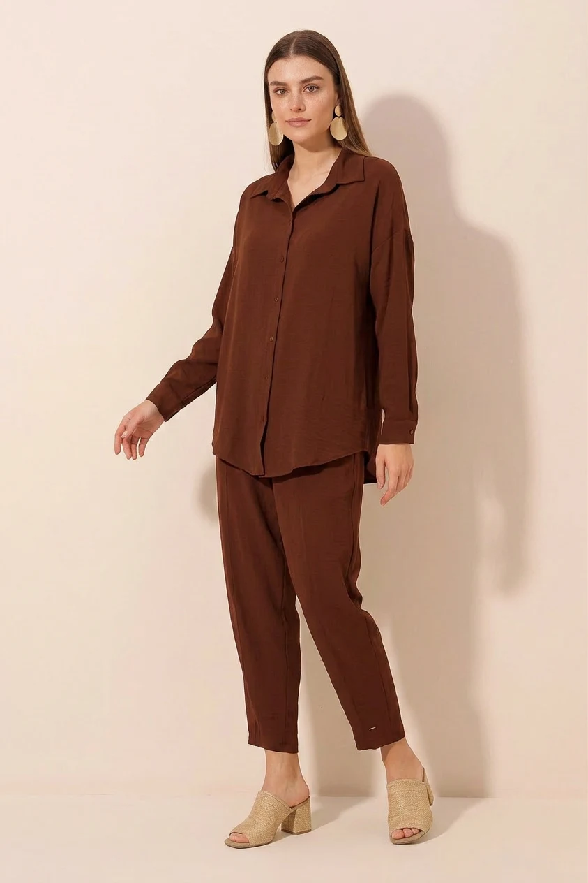 Kadın Gömlek Yaka Oversize Kahverengi İkili Takım