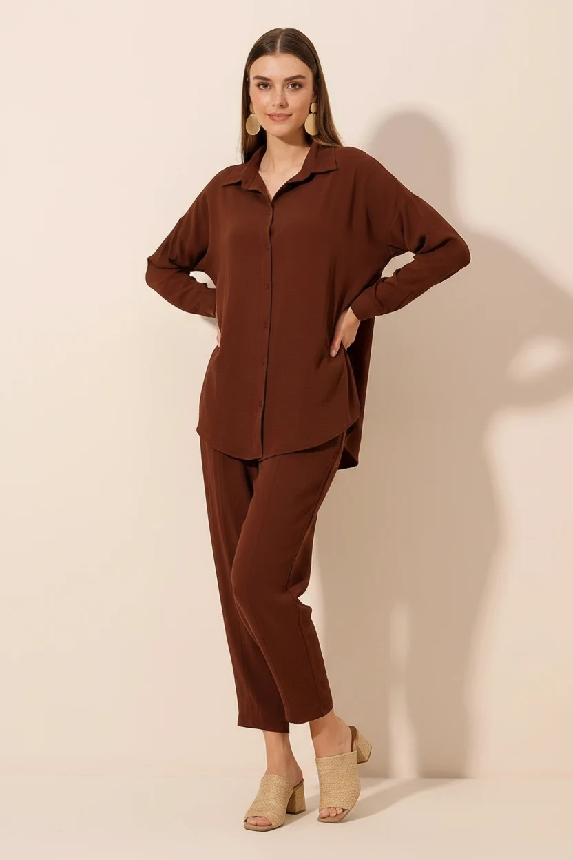 Kadın Gömlek Yaka Oversize Kahverengi İkili Takım